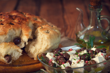 Italian Focaccia bread with Feta cheese and black olives 