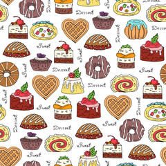 Vector seamless pattern with hand drawn  colored cakes