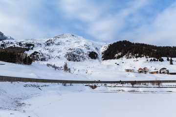 Panorama view of the frozen Davos Lake in Davos dorf