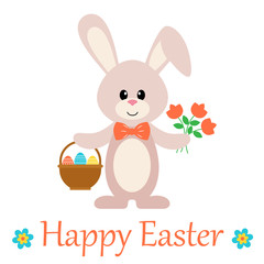 easter bunny with basket and flower and text