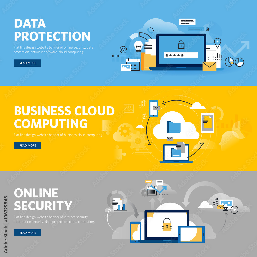 Poster set of flat line design web banners for data protection, internet security, antivirus software and s