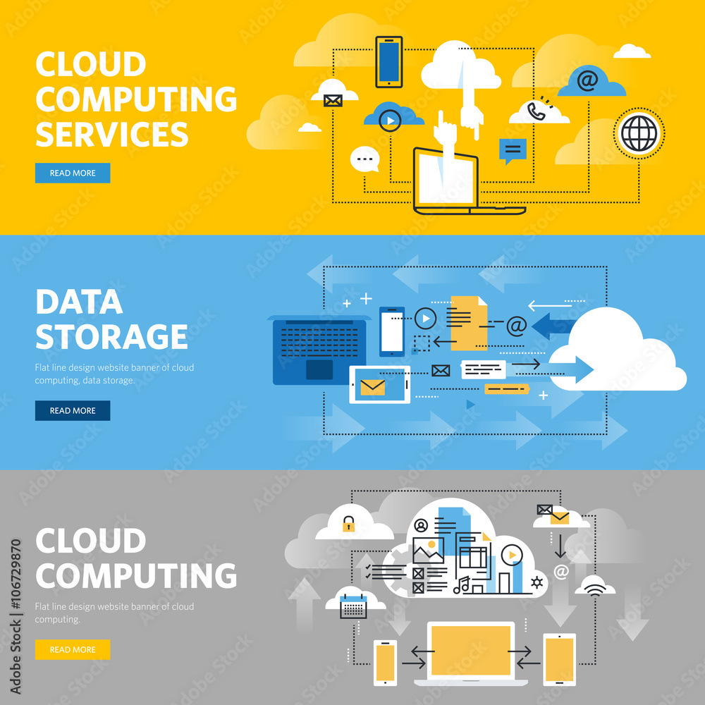 Aufkleber set of flat line design web banners for cloud computing services and technology, data storage. vecto