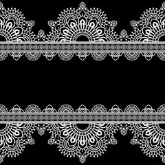 Border pattern Indian elements with flowers in mehndi style for card and tattoo isolated on black background.