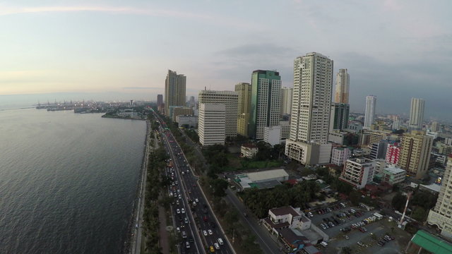 Aerial view of Roxas Bouleverd and Manila Bay in Manila, Philippines