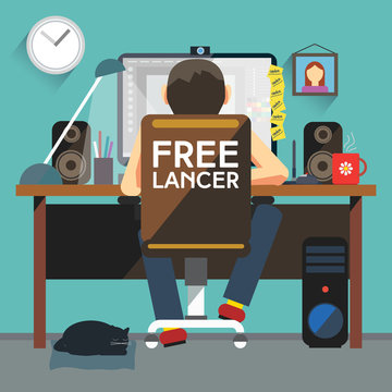 Freelancer Working at Desktop Computer from Home sitting on Chair with Wheels. Cat sleeping on carpet. Digital background vector illustration.