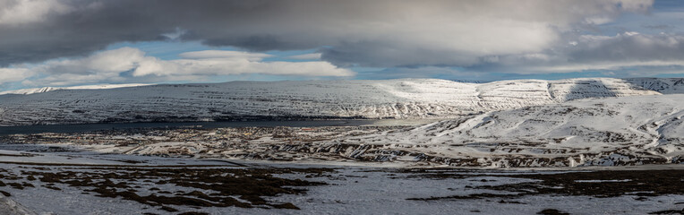 Snowy winter cloud scene in Scandinavia panoramic