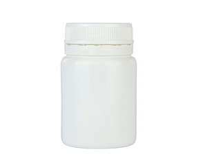 Closed plastic container for tablets, pills, capsules, drugs, vitamins etc. Pharmaceutic container isolated on white background.