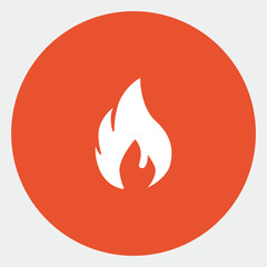 Fire. Flat white symbol in the orange circle. Vector illustration icon