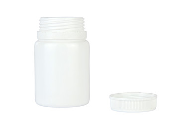 Opened plastic bottle for tablets, pills, capsules, drugs, vitamins etc. Pharmaceutic container isolated on white background.