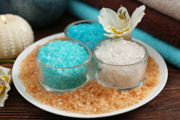 Spa treatments on wooden table, close up