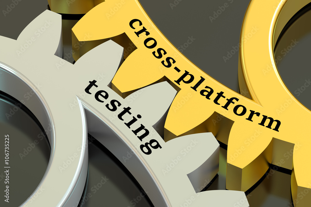 Poster cross-platform testing concept on the gearwheels, 3d rendering