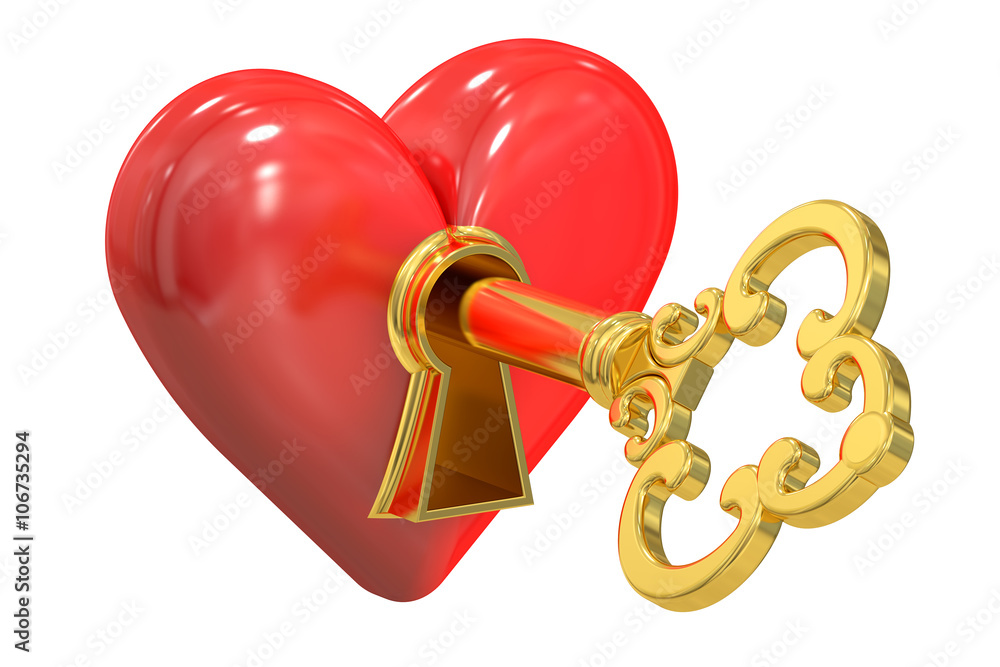 Poster heart and key, 3d rendering