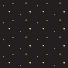 Gold foil glitter polkadot dark seamless pattern. Vector shimmer abstract circles grey texture. Sparkle shiny balls background.