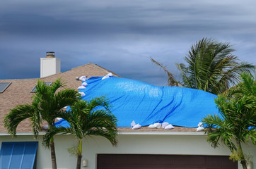 Storm damaged roof on house with a blue plastic tarp over hole in the shingles and rooftop. - obrazy, fototapety, plakaty