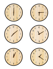 Collage of round wall clocks, isolated on white