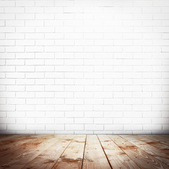 Room interior with brick wall and wooden floor