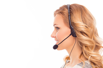 Side view portrait of beautiful agent of call center