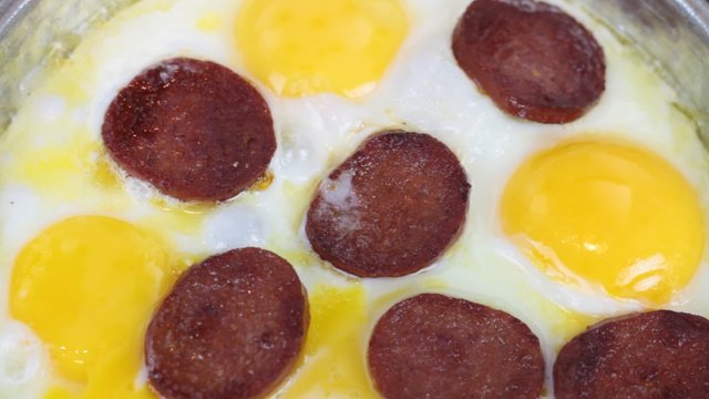 Turkish cuisine. Traditional fried egg and sausage. ( silent-hd 1080 video )