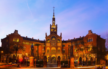 Facade of Hospital de Sant Pau in evening