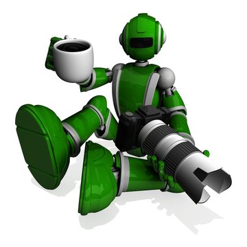 3D Photographer Robot Green Color With DSLR Camera And White Lens, A Cup Of Coffeel On Right Hand