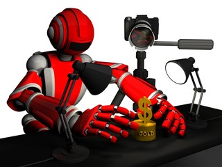 Fototapeta premium 3D Photographer Robot Red Color, Illustration How To Be Success In Photography Product, Gold And Money Symbol