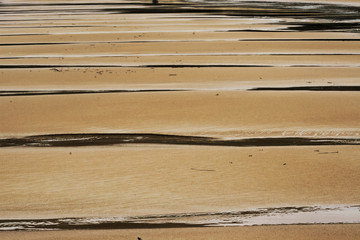 Wet yellow beach sand with patches of sea water draining.