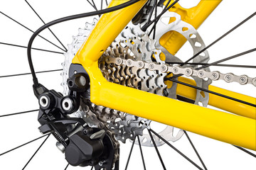 derailleur mechanism on a bicycle isolated on white background / Schaltwerk an einem Fahrrad...