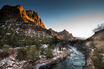 Flowing Virgin River in Zion National Park at Sunset