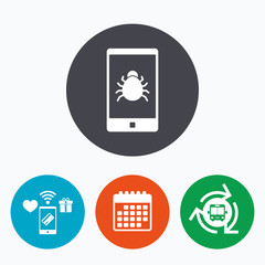 Smartphone virus sign icon. Software bug symbol.