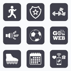 Football ball, Roller skates, Running icons.