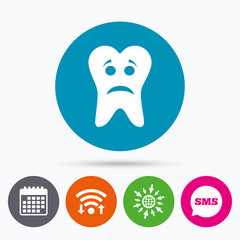 Tooth sad face sign icon. Aching tooth symbol.