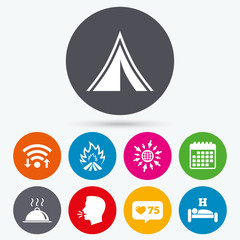 Hot food, sleep, camping tent and fire signs.