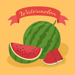 Watermelon Fruit Design Poster Vector Illustration with Red Banner and Orange Background
