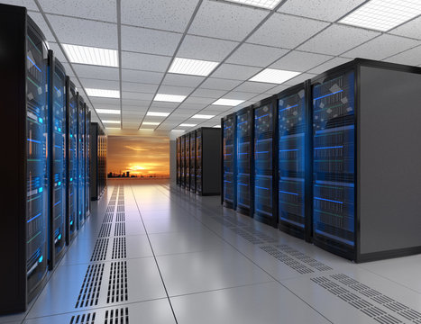 Rows of blade server system in data center. 3D rendering image.