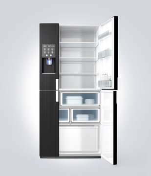 Smart refrigerator with ice dispenser function. User can touch icon on the door to discover more information of food and drink inside. 3D rendering image with clipping path.