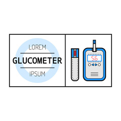 Glucometer, test strip. Label, flat icon, medical equipment. Diabetes