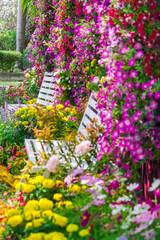 White Wood chair in the flowers garden./ White Wood chair in the flowers garden on summer.
