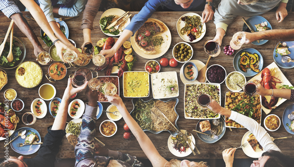 Wall mural friends happiness enjoying dinning eating concept