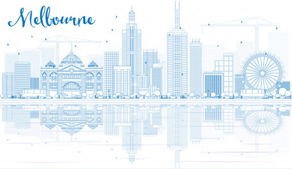 Outline Melbourne Skyline with Blue Buildings and Reflections.