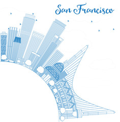 Outline San Francisco Skyline with Blue Buildings.