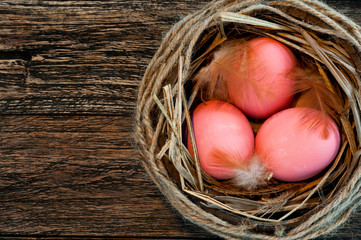 Easter pink eggs in nest on rustic wooden background