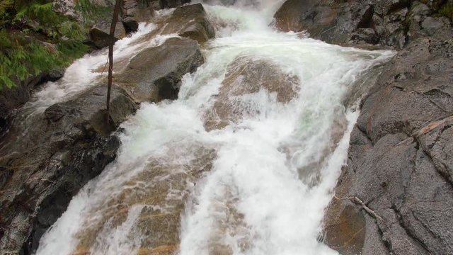 Jib Crane Shot of Water Flowing in Rocky Forest River