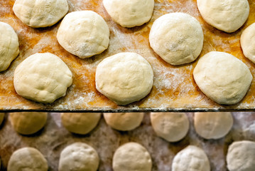 Fototapeta na wymiar Bread ready for the oven arranged on shelves