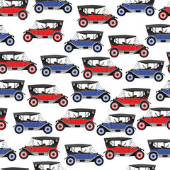 Background blue and red cartoon retro car. Pattern Vector retro truck.