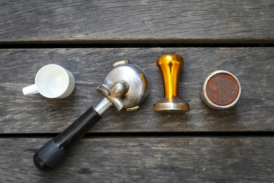 Coffee equipments on dark wood background