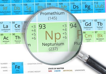 Neptunium symbol - Np. Element of the periodic table zoomed with magnifying glass
