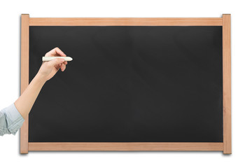 Woman hand holding chalk with blackboard