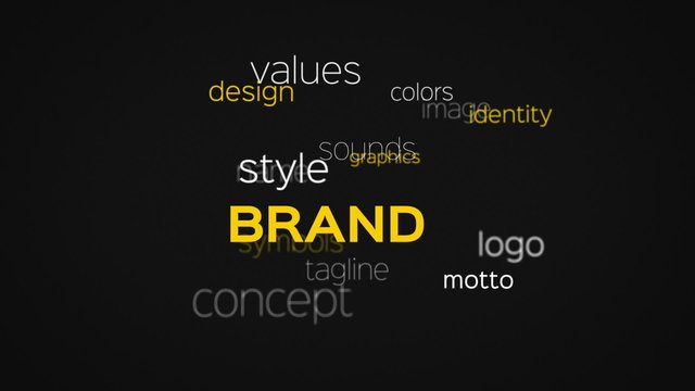 Floating array or word cloud of brand related terminology words on a black background.