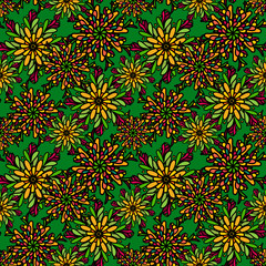 Seamless pattern with bright colorful drawn mandala flowers
