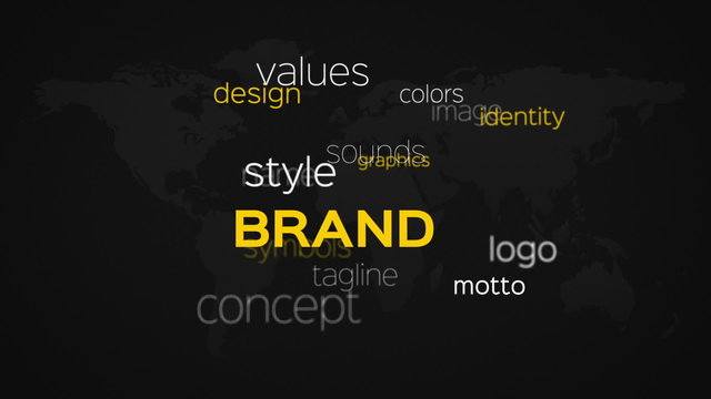 Floating array or word cloud of brand related terminology words on a black world map background.